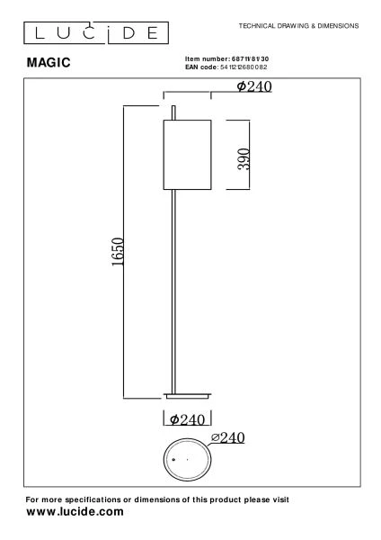 Lucide MAGIC - Vloerlamp - Ø 24 cm - 1xE27 - Zwart - technisch